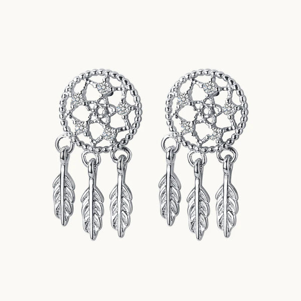 Boucle d'oreille attrape-rêve plumes pendantes strass - Femme - Argent 925