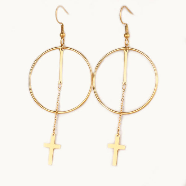 Boucle d'oreille créole chaîne croix pendante - Femme - Acier inoxydable