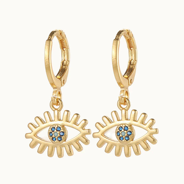 Boucle d'oreille anneau oeil pendant strass bleu - Femme