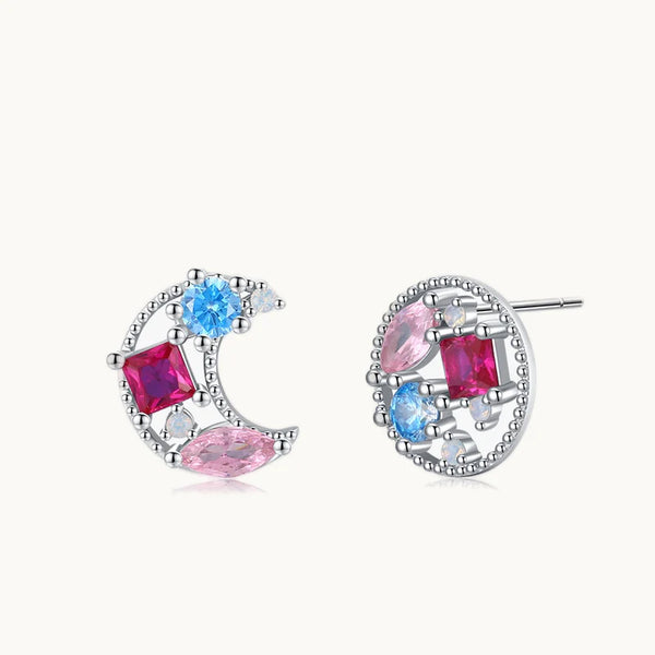 Boucle d'oreille asymétrique ronde lune pierres colorées - Femme - Argent 925