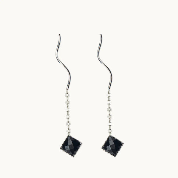 Boucle d'oreille pendante longue chaîne pierre noire carré - Femme - Argent 925