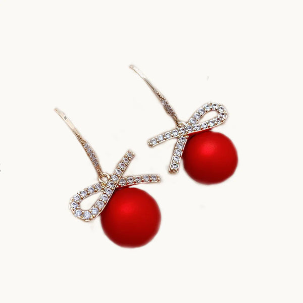 Boucle d'oreille pendante boule de noël rouge noeud strass - Femme