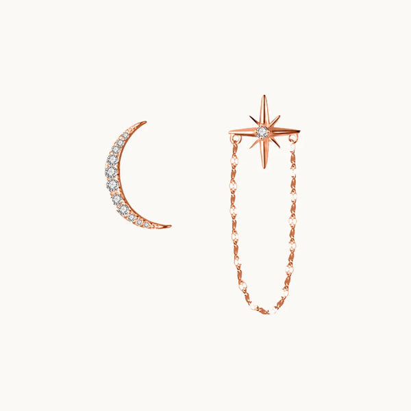 Boucle d'oreille dépareillée lune étoile chaîne strass - Femme - Argent 925