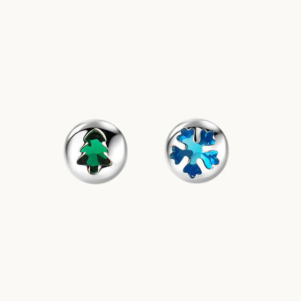 Boucle d'oreille noël ronde dépareillée flocon bleu sapin vert - Femme - Argent 925
