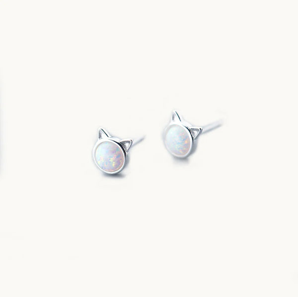 Boucle d'oreille tête de chat pierre opale - Femme - Argent 925