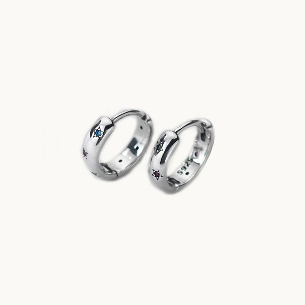 Boucle d'oreille créole épaisse étoiles strass colorés - Femme - Argent 925