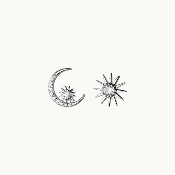 Boucle d'oreille dépareillée soleil lune strass - Femme - Argent 925