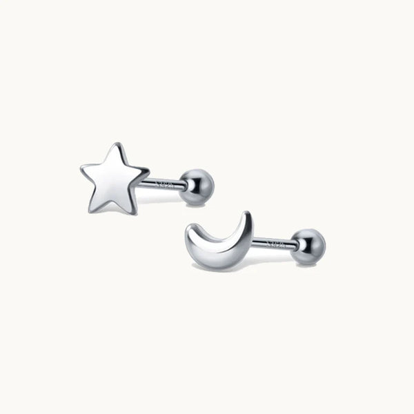 Boucle d'oreille dépareillée lune étoile - Femme - Argent 925