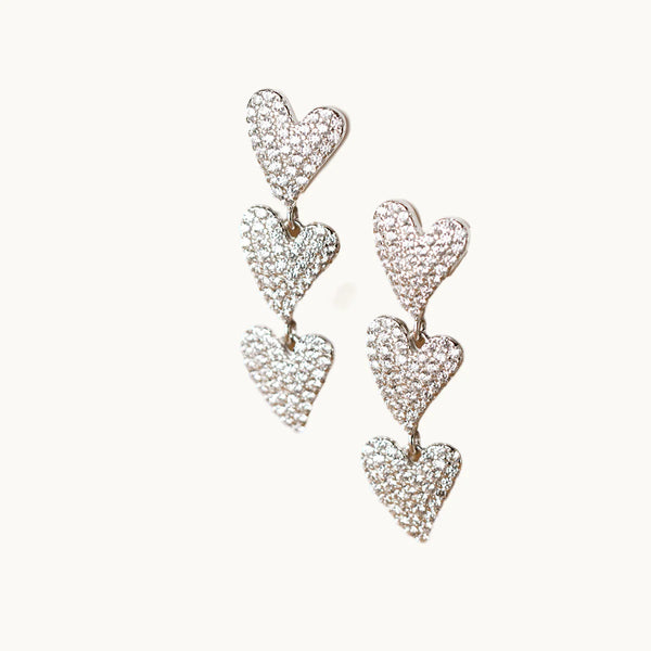 Boucle d'oreille pendante triple coeur strass - Femme - Argent 925