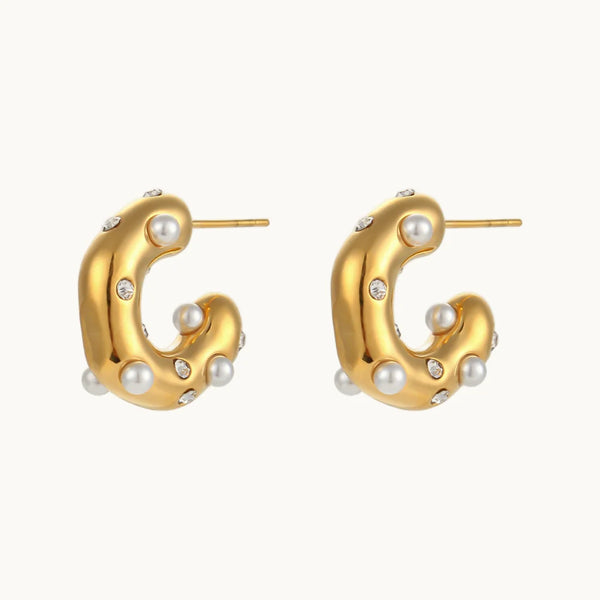 Boucle d'oreille créole épaisse perles incrustées - Femme - Acier inoxydable plaqué or