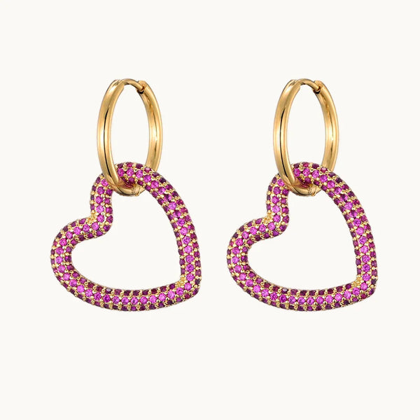 Boucle d'oreille anneau coeur strass colorés - Femme - Acier inoxydable plaqué or