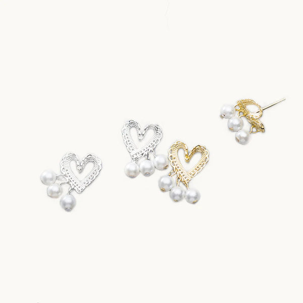 Boucle d'oreille coeur dentelle perles pendantes - Femme - Argent 925