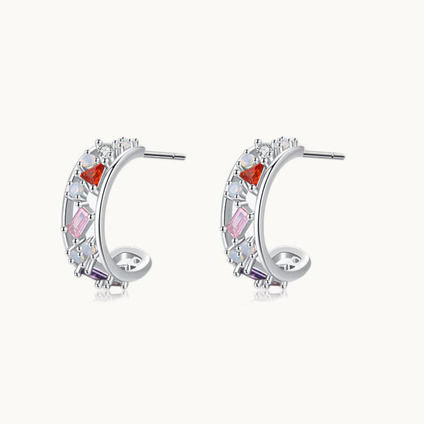Boucle d'oreille créole large ajourée diamants colorés - Femme - Argent 925