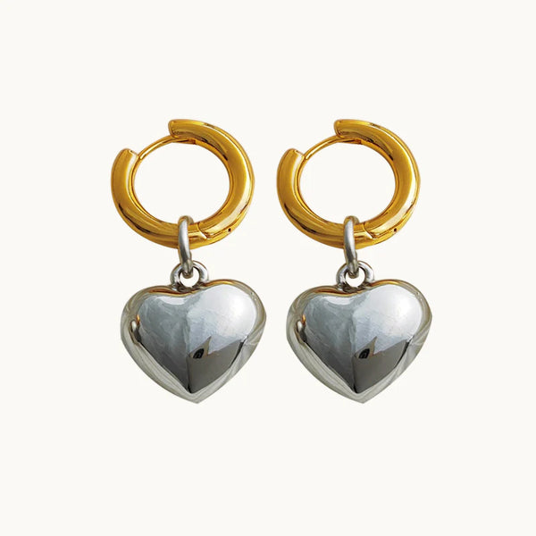 Boucle d'oreille bicolore petite créole large coeur pendant - Femme