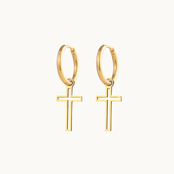 Boucle d'oreille anneau croix ajourée pendante - Femme - Acier inoxydable