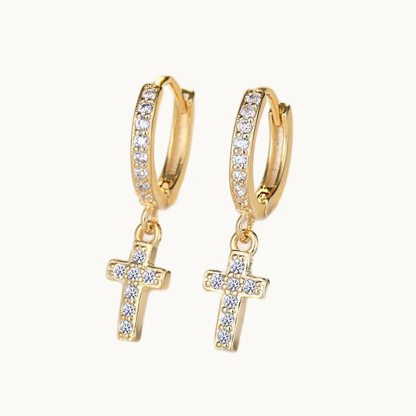 Boucle d'oreille anneau strass croix pendante - Femme - Argent 925