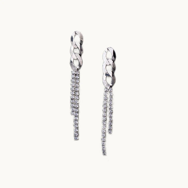 Boucle d'oreille longue pendante maillons de chaîne strass - Femme - Argent 925