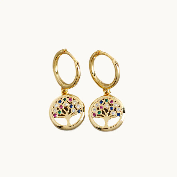 Boucle d'oreille pendante anneau arbre de vie strass colorés - Femme - Argent 925