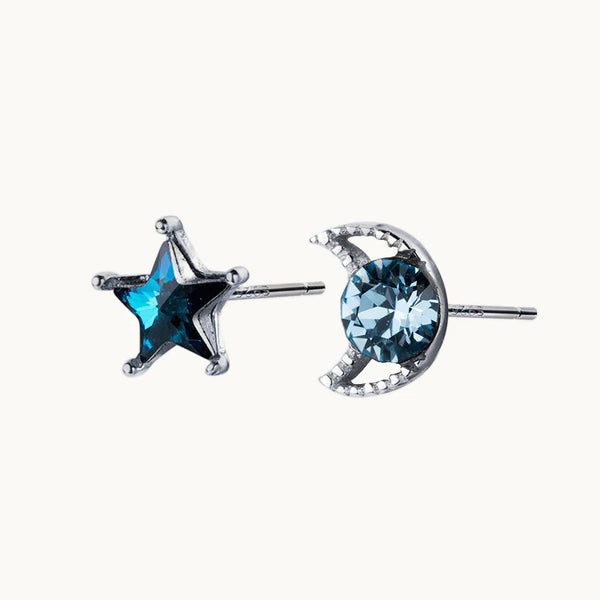 Boucle d'oreille asymétrique lune étoile diamant saphir bleu - Femme - Argent 925