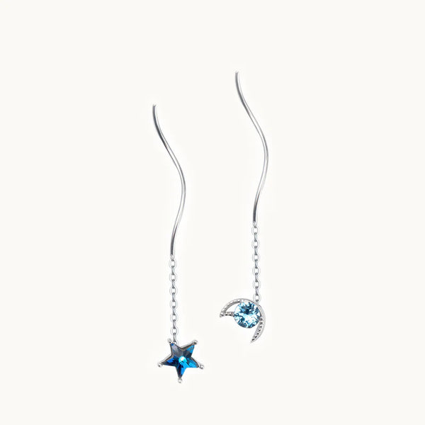Boucle d'oreille pendante chaîne dépareillée lune étoile diamant saphir - Femme - Argent 925