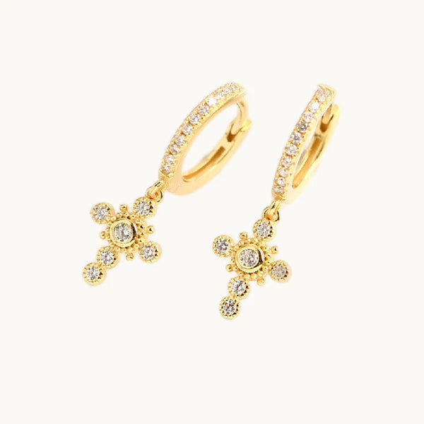 Boucle d'oreille anneau croix pendante strass - Femme - Argent 925