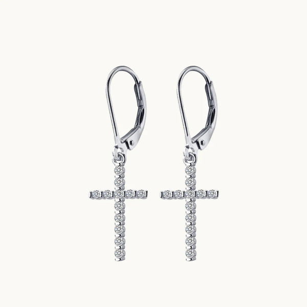 Boucle d'oreille dormeuse croix pendante strass - Femme - Argent 925