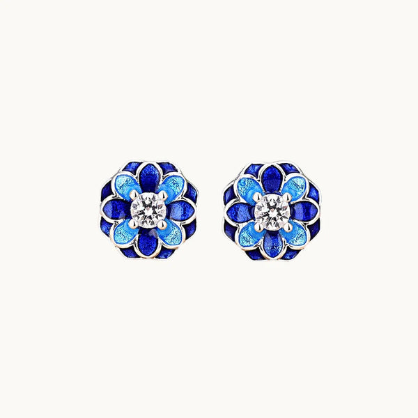 Boucle d'oreille fleur mosaïque émail bleu strass - Femme - Argent 925