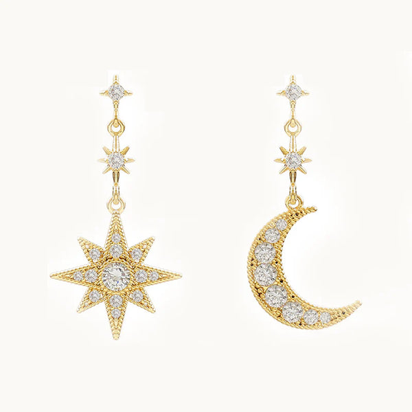 Boucle d'oreille dépareillée pendante strass lune étoile - Femme