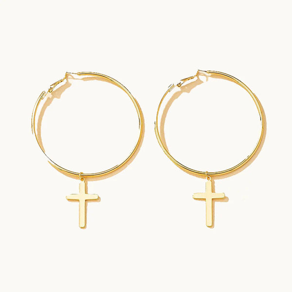 Boucle d'oreille créole croix pendante - Femme