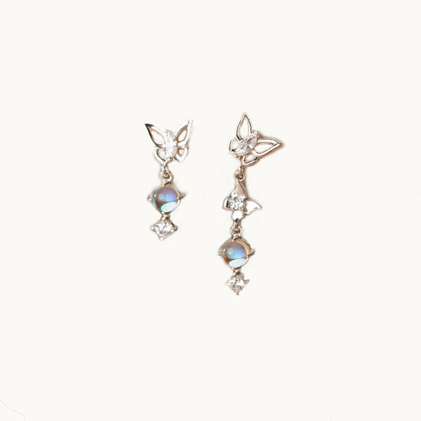 Boucle d'oreille asymétrique pendante papillons strass ronds - Femme - Argent 925