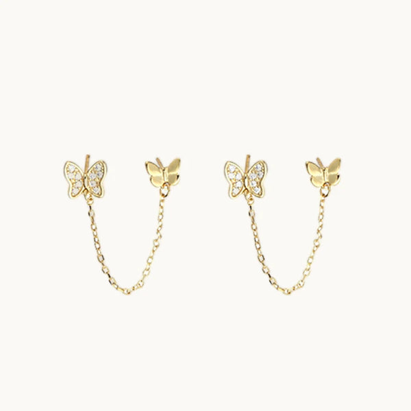 Boucle d'oreille 2 trous chaîne papillon strass - Femme